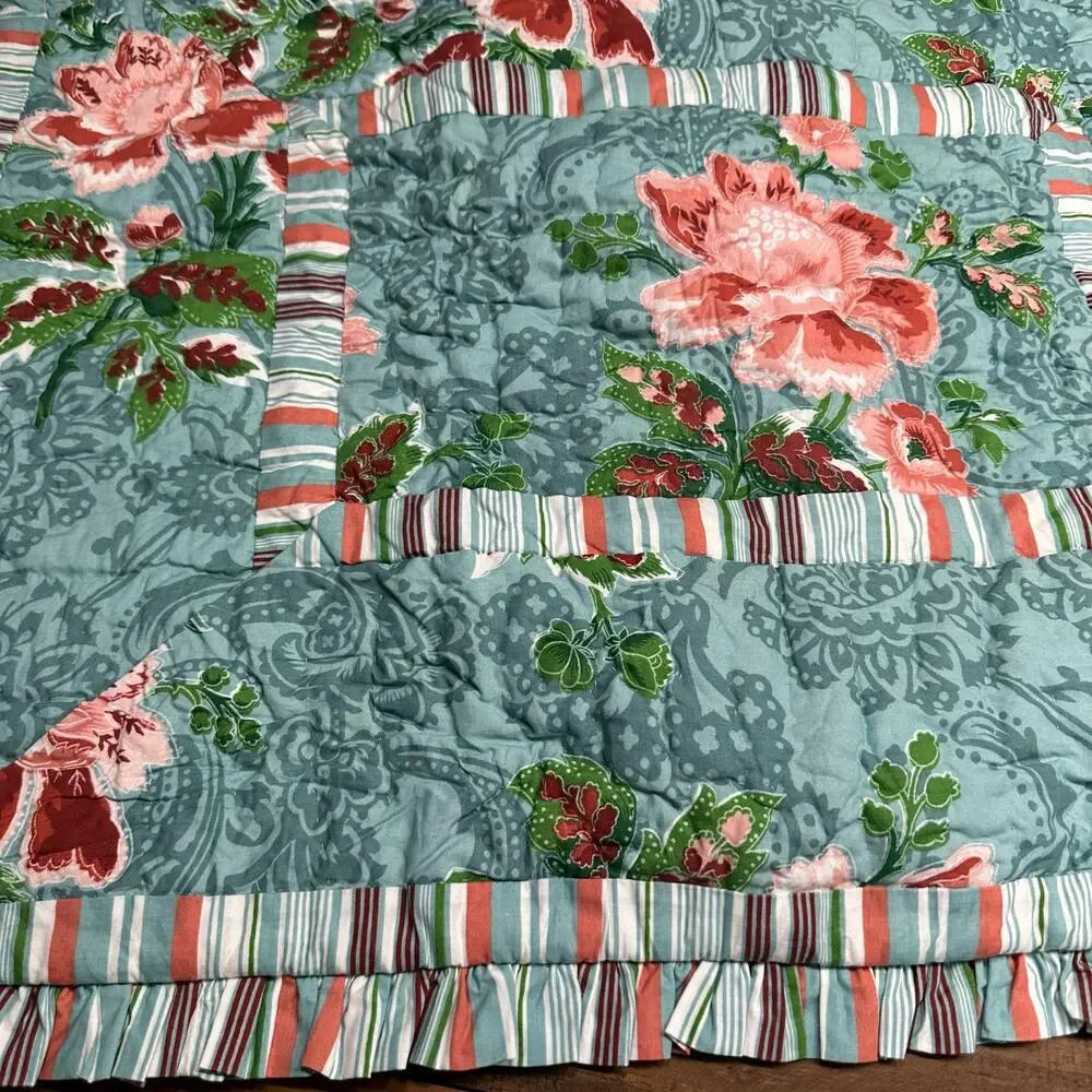Soft Surroundings Quilted Floral Stripe Ruffle Cottagecore Farm Shams set 2 Boho